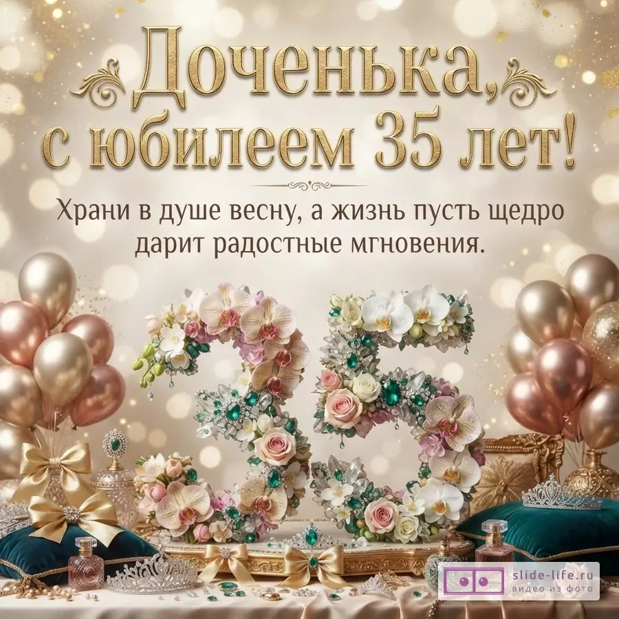Объемная цифра 35 из цветов орхидей и изумрудов в окружении шаров и диадем с текстом «Доченька, с юбилеем 35 лет! Храни в душе весну, а жизнь пусть щедро дарит радостные мгновения.»