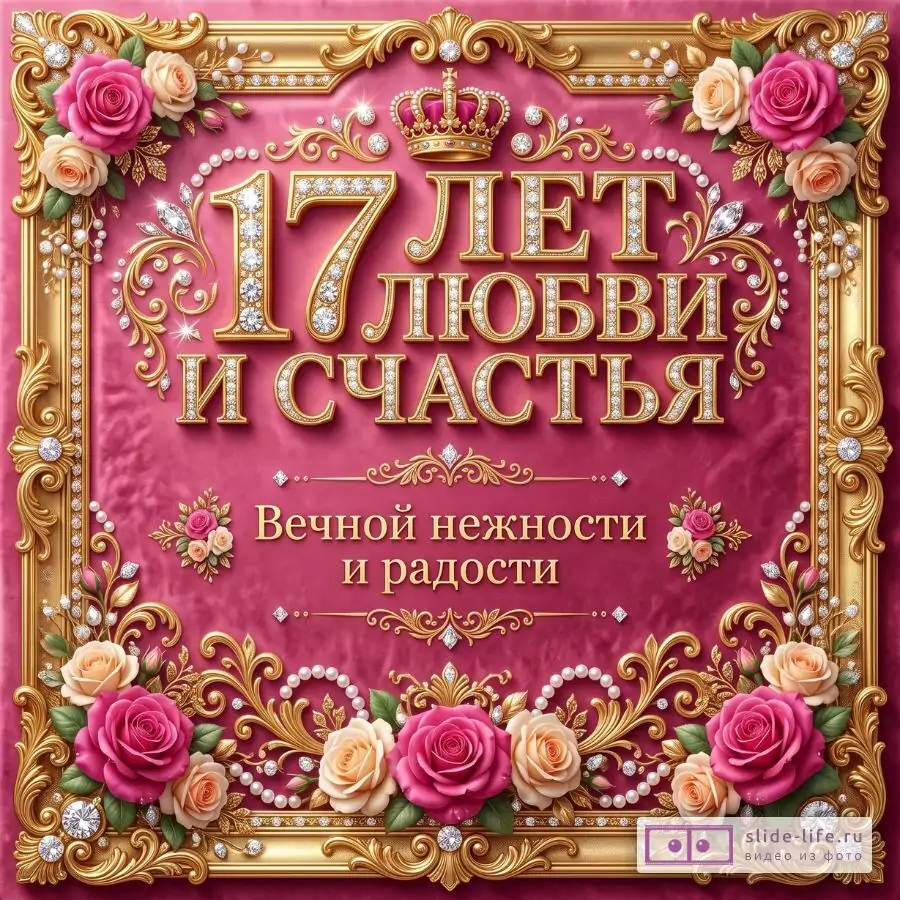 Розовый фон, золотая рамка с розами, жемчугом и короной; текст «17 ЛЕТ ЛЮБВИ И СЧАСТЬЯ», «Вечной нежности и радости».
