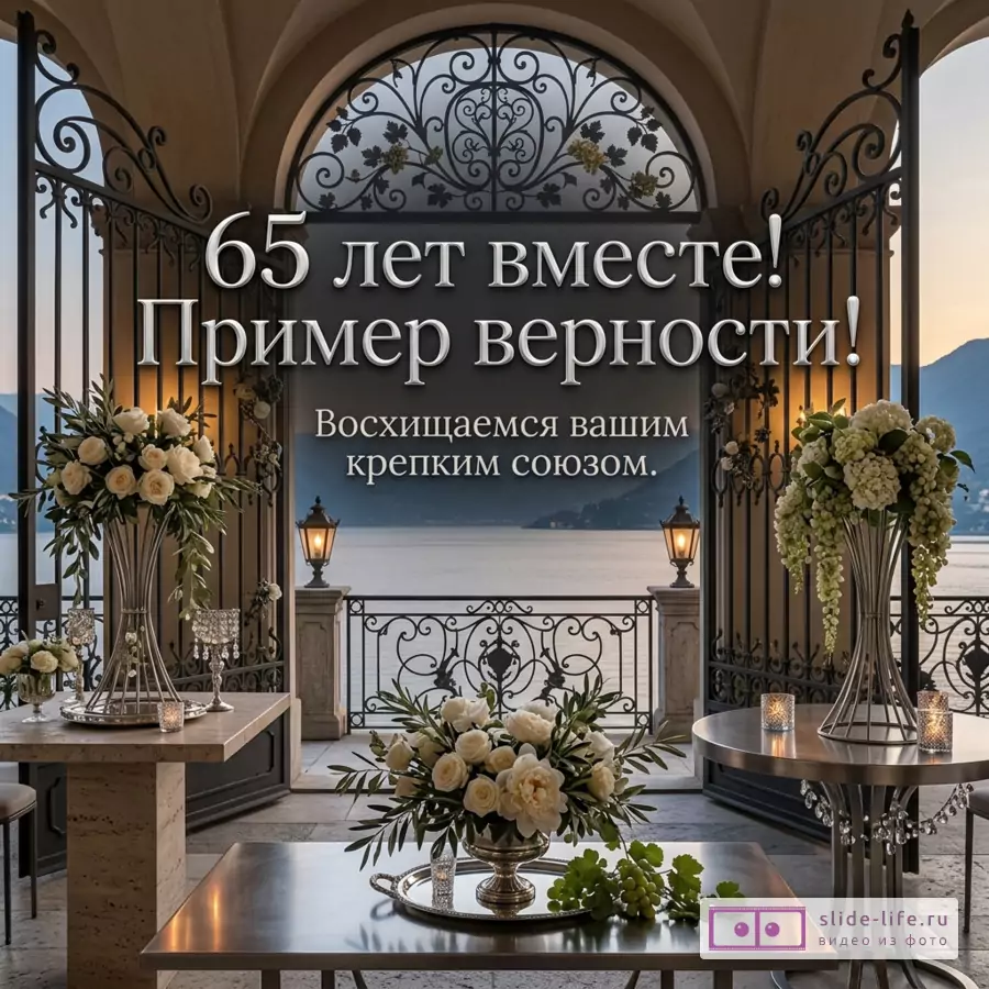 Арка у воды, кованые ворота, балконы с цветами, столы с белыми цветами и фонарями, серо-бежевый фон, текст «65 лет вместе: пример верности! Восхищаемся вашим крепким союзом»