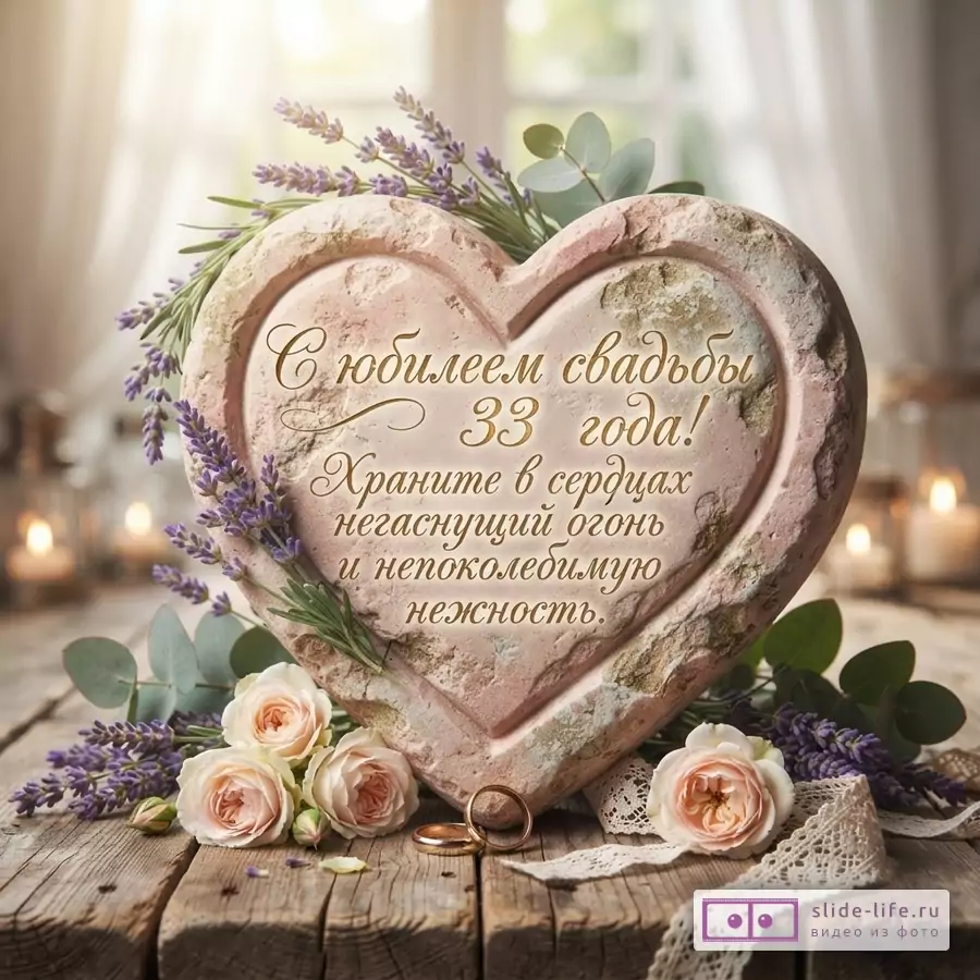 Каменное сердце с лавандой и розами на деревянном фоне. Текст: «С юбилеем свадьбы 33 года! Храните в сердцах негаснущий огонь и непоколебимую нежность.»