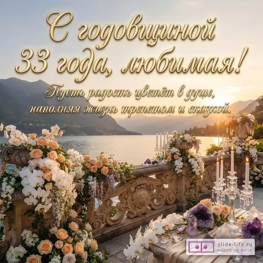 Открытка с видом на озеро и горы, украшенная цветами, зеленью и кристаллами. На переднем плане балкон с балюстрадой. Текст: «С годовщиной 33 года, любимая! Пусть радость цветёт в душе, наполняя жизнь трепетом и сказкой.»