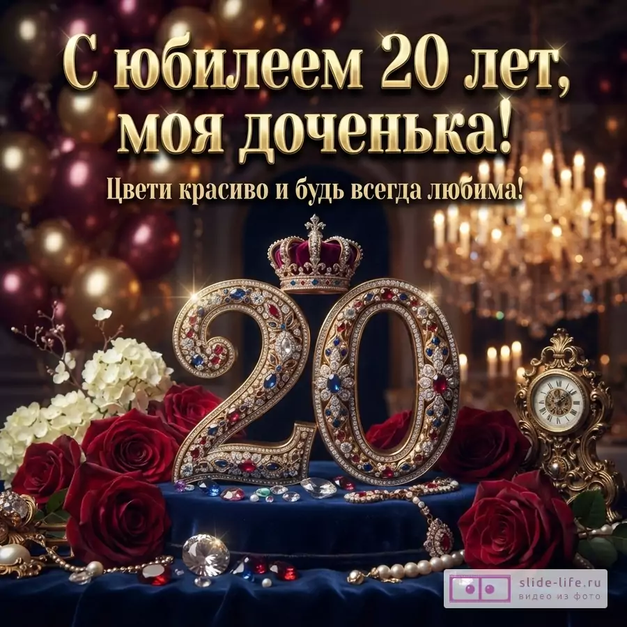 Объемная цифра 20 с драгоценными камнями, корона, красные розы и воздушные шары с текстом: «С юбилеем 20 лет, моя доченька! Цвети красиво и будь всегда любима!».