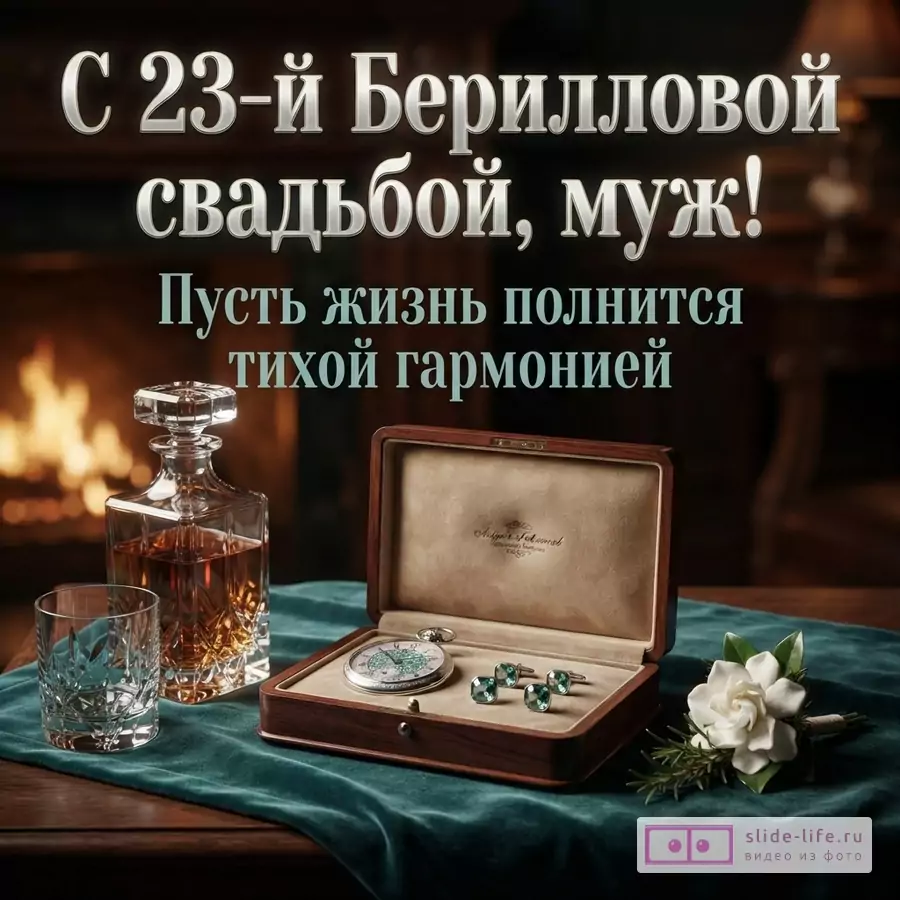 Деревянная шкатулка с карманными часами и запонками, графин с виски и бокал у камина с надписью «С 23-й Берилловой свадьбой, муж! Пусть жизнь полнится тихой гармонией».