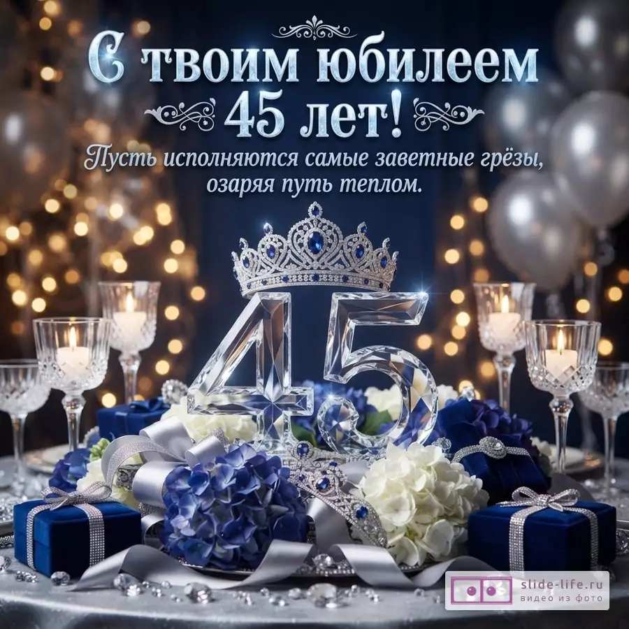 Открытка с синим фоном, золотыми огнями боке, серебряными шарами. В центре композиция из хрустальных цифр «45», короны с синими камнями, синих и белых цветов, синих подарочных коробок, свечей в бокалах. Текст сверху: «С твоим юбилеем 45 лет! Пусть исполняются самые заветные грёзы, озаряя путь теплом.»