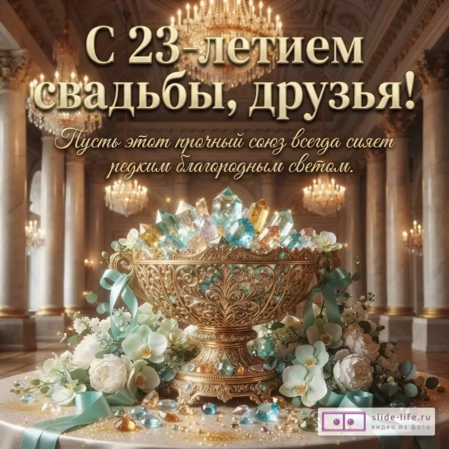 Золотая резная чаша с сияющими кристаллами берилла и белыми цветами в дворцовом зале с люстрами, надпись «С 23-летием свадьбы, друзья! Пусть этот прочный союз всегда сияет редким благородным светом.»