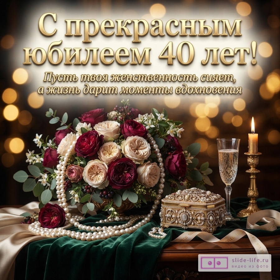 Открытка с золотыми буквами на размытом фоне боке. На переднем плане букет из бордовых и кремовых роз, жемчужное ожерелье, золотая шкатулка, бокал шампанского и горящая свеча. Текст: «С прекрасным юбилеем 40 лет! Пусть твоя женственность сияет, а жизнь дарит моменты вдохновения»