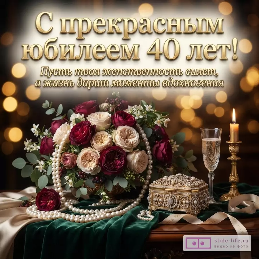 Открытка с золотыми буквами на размытом фоне боке. На переднем плане букет из бордовых и кремовых роз, жемчужное ожерелье, золотая шкатулка, бокал шампанского и горящая свеча. Текст: «С прекрасным юбилеем 40 лет! Пусть твоя женственность сияет, а жизнь дарит моменты вдохновения»