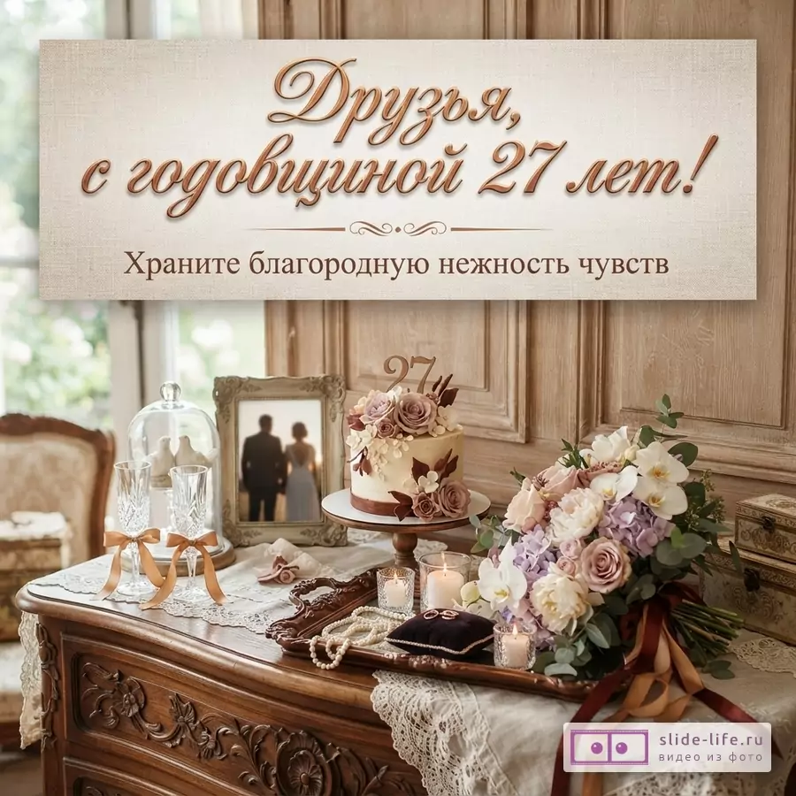 Прямоугольная открытка на бежевом фоне с надписью «Друзья, с годовщиной 27 лет! Храните благородную нежность чувств».