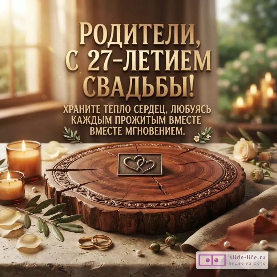 Открытка с золотым текстом на коричневом фоне. На переднем плане деревянный спил с металлическим украшением в виде двух сердец, обручальные кольца, свечи, лепестки роз и веточка. Текст: «РОДИТЕЛИ, С 27-ЛЕТИЕМ СВАДЬБЫ! ХРАНИТЕ ТЕПЛО СЕРДЕЦ, ЛЮБУЯСЬ КАЖДЫМ ПРОЖИТЫМ ВМЕСТЕ ВМЕСТЕ МГНОВЕНИЕМ.»