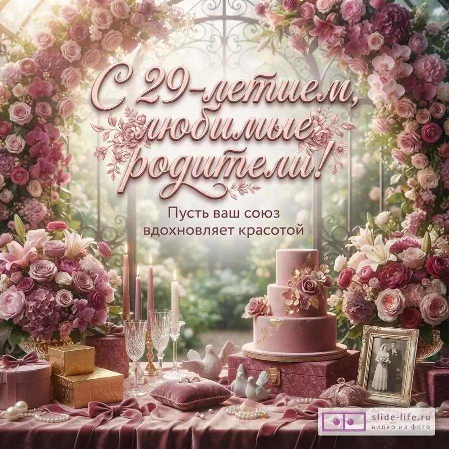 Розово-персиковая открытка с цветочными композициями, свадебным тортом, свечами и подарками. Текст «С 29-летием, любимые родители! Пусть ваш союз вдохновляет красотой.»