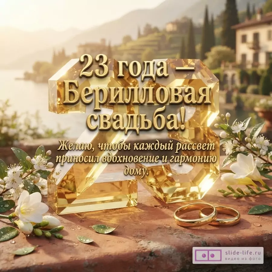 Объемная цифра 23 из желтого берилла, обручальные кольца и белые цветы на фоне озера с текстом «23 года — Берилловая свадьба! Желаю, чтобы каждый рассвет приносил вдохновение и гармонию дому.»