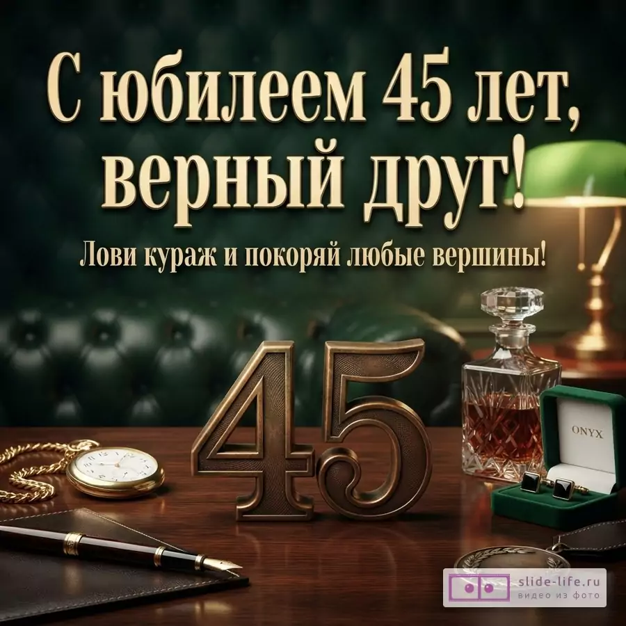 Темно-зеленый фон, на переднем плане деревянный стол. На столе объемные цифры 45, графин с напитком, открытая коробочка с запонками, карманные часы, ручка. Текст «С юбилеем 45 лет, верный друг! Лови кураж и покоряй любые вершины!»