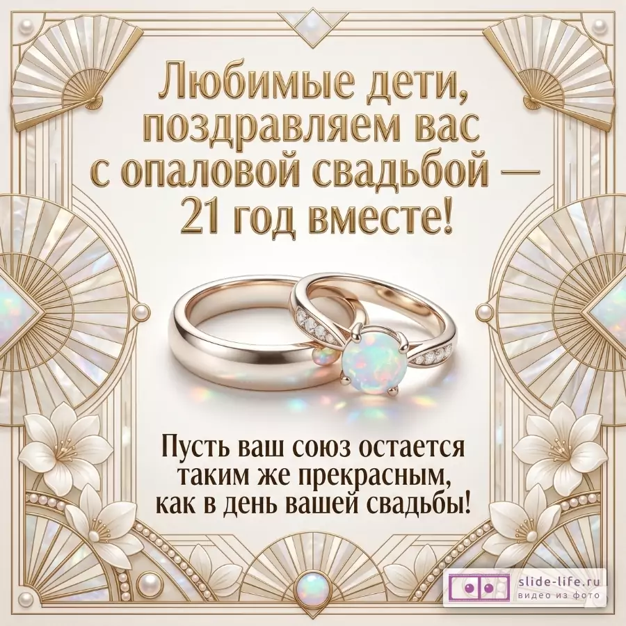 Бежево-белый фон, золотой орнамент, цветы, обручальные кольца с опалом. Текст «Любимые дети, поздравляем вас с опаловой свадьбой — 21 год вместе!», «Пусть ваш союз остается таким же прекрасным, как в день вашей свадьбы!»