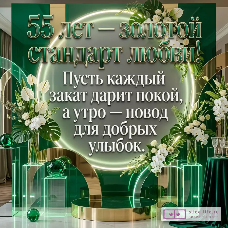 Зеленая и золотая открытка с цветами, монстерой, белыми антуриумами, орхидеями, светящимся кольцом, стеклянными подставками и текстом «55 лет — золотой стандарт любви! Пусть каждый закат дарит покой, а утро — повод для добрых улыбок.»