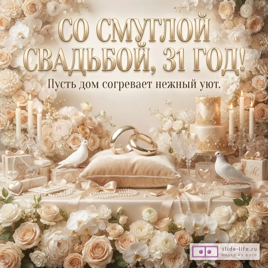 Бежево-золотая открытка с цветами, свечами, кольцами, тортом, голубями и текстом «Со Смуглой свадьбой, 31 год! Пусть дом согревает нежный уют.»