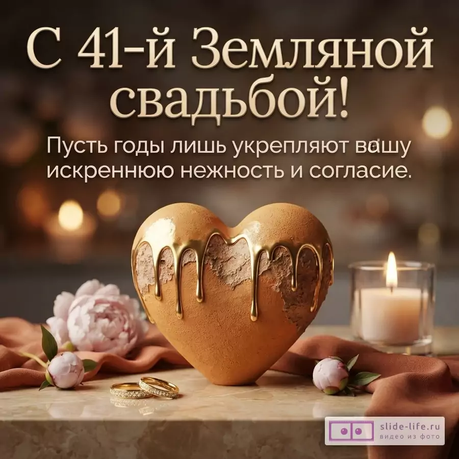 Коричневый фон, золотистый текст. В центре сердце из песочного цвета с золотой глазурью. Слева два обручальных кольца и розовые пионы. Справа свеча. Текст: «С 41-й Земляной свадьбой! Пусть годы лишь укрепляют вашу искреннюю нежность и согласие.»
