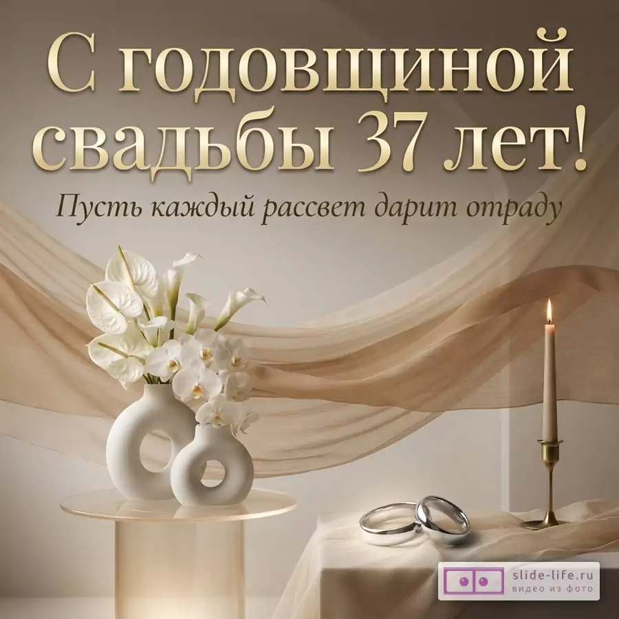 Бежевый фон, золотые буквы, белые цветы в вазах, два обручальных кольца, свеча. Текст: «С годовщиной свадьбы 37 лет! Пусть каждый рассвет дарит отраду»