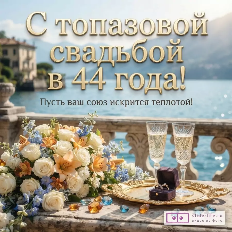 Открытка с надписью «С топазовой свадьбой в 44 года! Пусть ваш союз искрится теплотой!», букет цветов, бокалы шампанского и топазы на фоне озера.