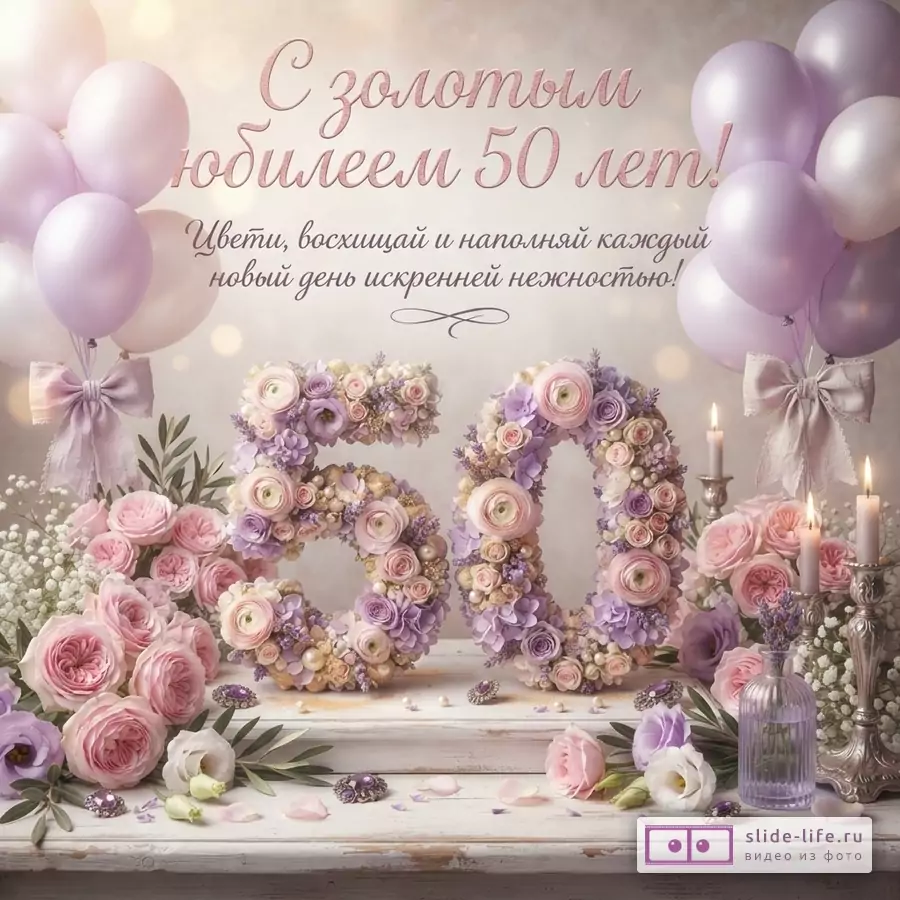Бежевый фон, розовые и сиреневые воздушные шары. Надпись «С золотым юбилеем 50 лет! Цвети, восхищай и наполняй каждый новый день искренней нежностью!». Цифры «50» из цветов и жемчуга. Розовые розы, сиреневые цветы, свечи.