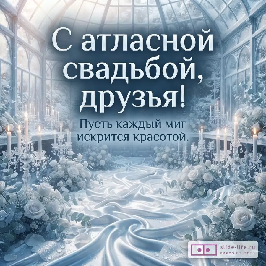 Заснеженная стеклянная оранжерея со свечами, белыми розами, струящейся тканью и надписью «С атласной свадьбой, друзья! Пусть каждый миг искрится красотой.»