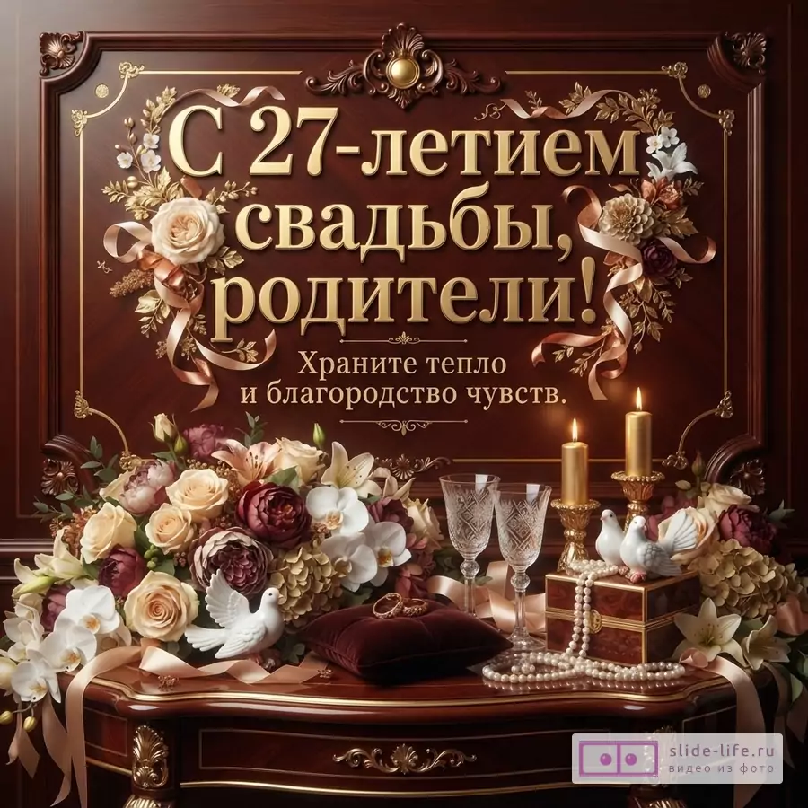 Открытка на деревянном фоне с золотыми узорами, цветами, свечами, бокалами и кольцами. Текст: «С 27-летием свадьбы, родители! Храните тепло и благородство чувств.»