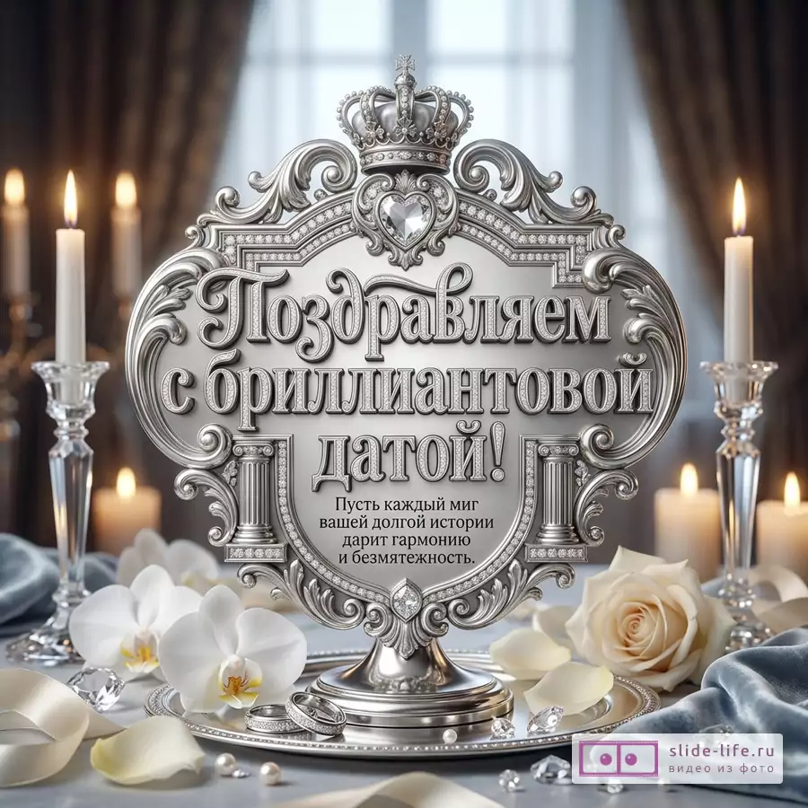 Серебристая декоративная табличка с короной и сердцем, свечи, белые орхидеи, белая роза, кольца, кристаллы, серо-бежевый фон, текст «Поздравляем с бриллиантовой датой! Пусть каждый миг вашей долгой истории дарит гармонию и безмятежность.»