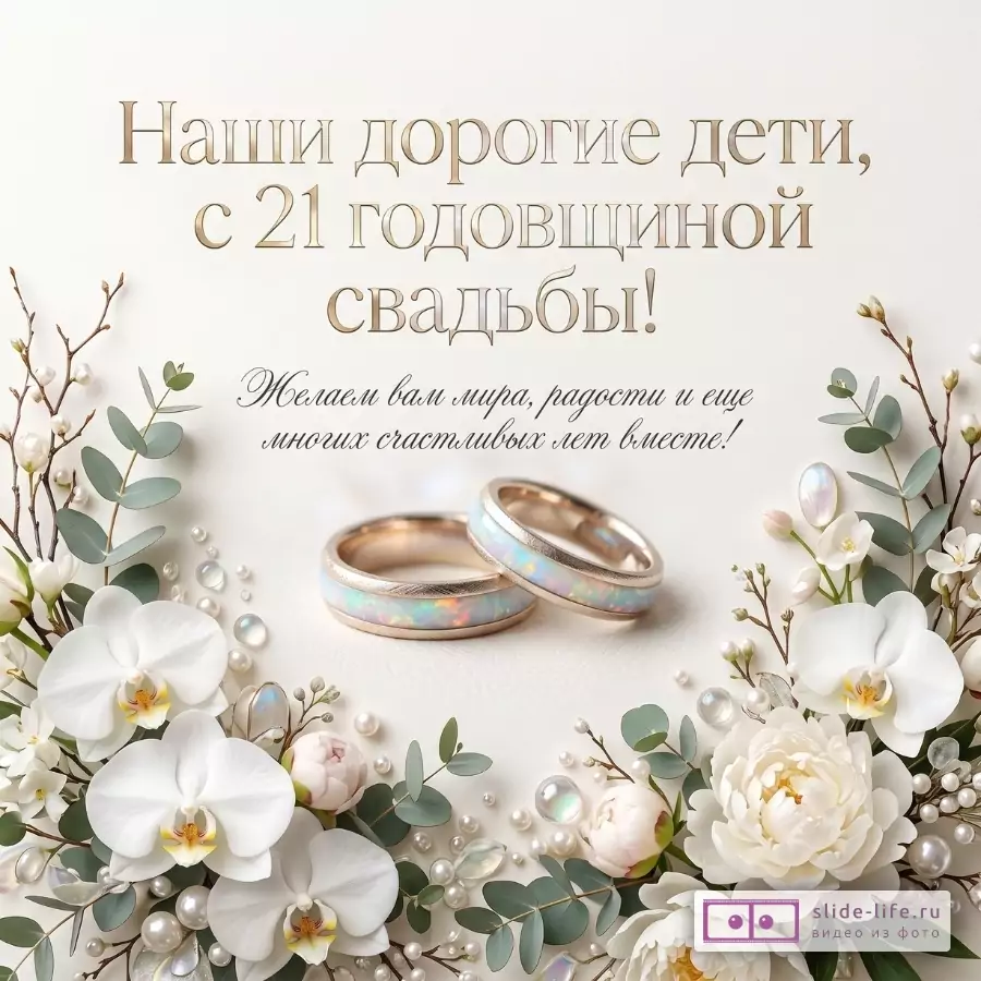 Кремовый фон, кольца, белые орхидеи, розы, веточки и жемчуг. Текст: «Наши дорогие дети, с 21 годовщиной свадьбы! Желаем вам мира, радости и еще многих счастливых лет вместе!»