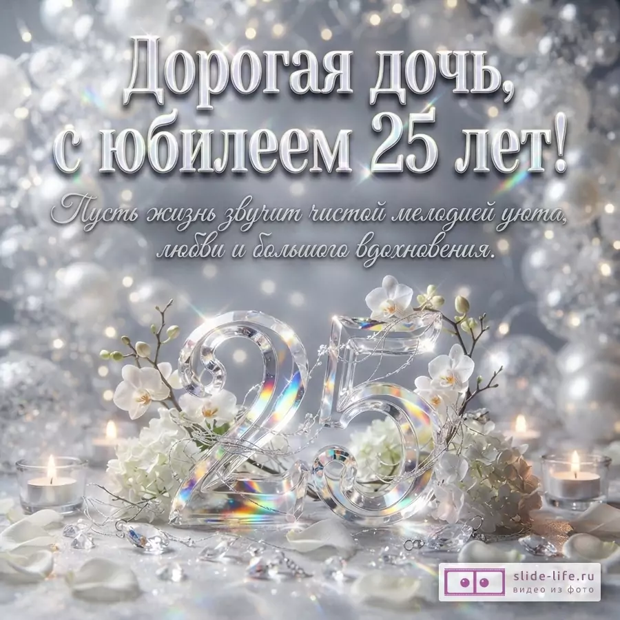 Хрустальная цифра 25 в окружении белых орхидей и зажженных свечей на серебристом фоне с текстом «Дорогая дочь, с юбилеем 25 лет! Пусть жизнь звучит чистой мелодией уюта, любви и большого вдохновения.»