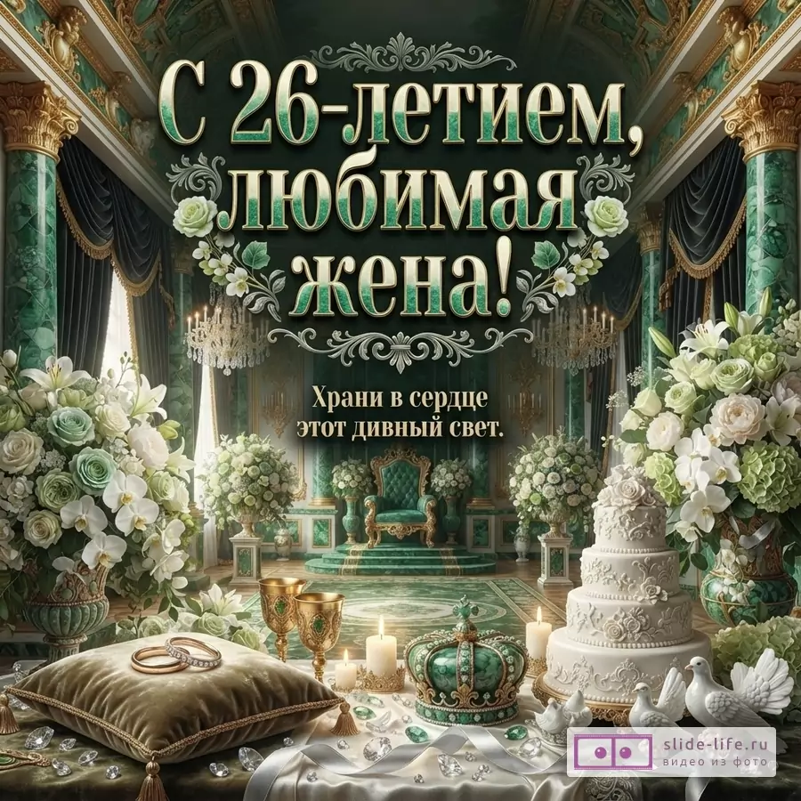 Зеленый зал с золотым декором, цветами, тортом, свечами и парой колец. Текст: «С 26-летием, любимая жена! Храни в сердце этот дивный свет.»