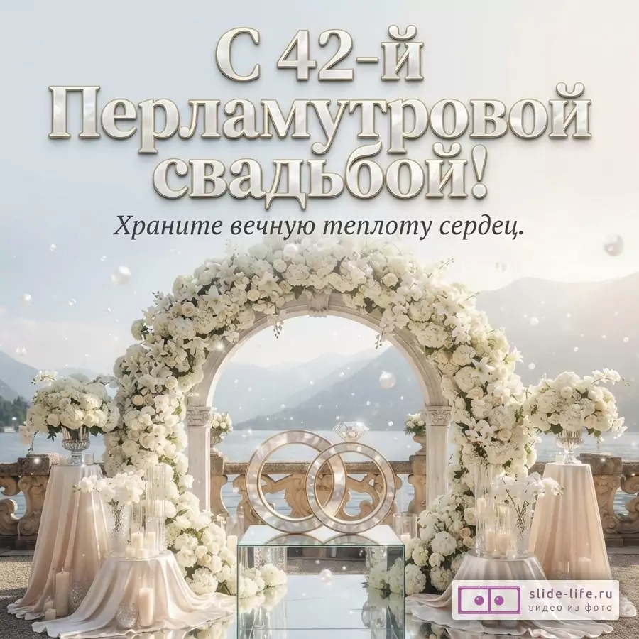 Светлый фон, свадебная арка из белых цветов, два золотых кольца с бриллиантом. Текст: «С 42-й Перламутровой свадьбой! Храните вечную теплоту сердец.»