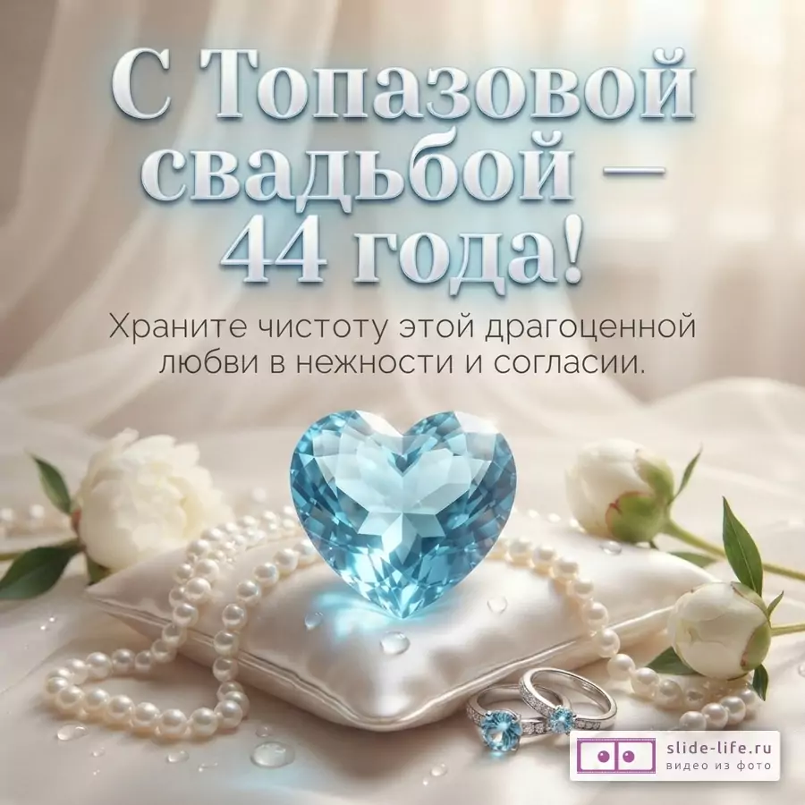 Бежевый фон, голубое сердце из топаза, жемчужное ожерелье, два кольца с голубыми камнями, белые бутоны цветов. Текст: «С Топазовой свадьбой – 44 года! Храните чистоту этой драгоценной любви в нежности и согласии.»