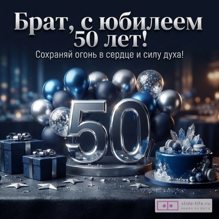 Темно-синий фон, сверху текст «Брат, с юбилеем 50 лет!» и «Сохраняй огонь в сердце и силу духа!». В центре серебристые цифры 50, вокруг синие и серебристые шары, подарочные коробки, торт.