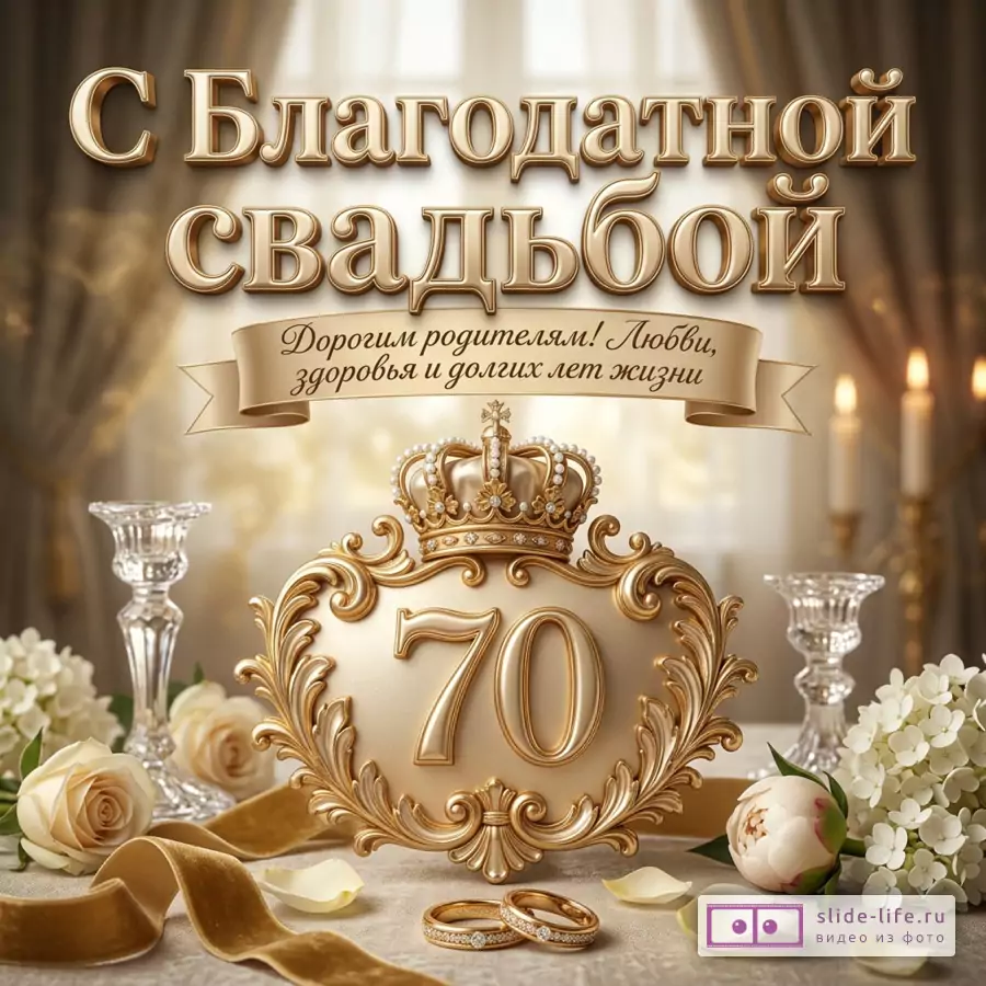 Золотистая праздничная композиция с лентой, гербом, короной, числом 70, свечами, кольцами, розами и цветами, текст «С Благодатной свадьбой Вариант 4 70»