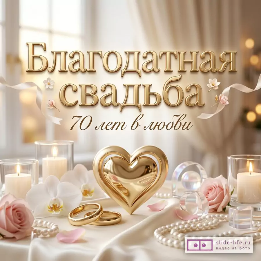 Золотая надпись «Благодатная свадьба 70 лет в любви» на светлом бежевом фоне, свечи, золотое сердце, обручальные кольца, белые орхидеи, розовые розы, жемчуг