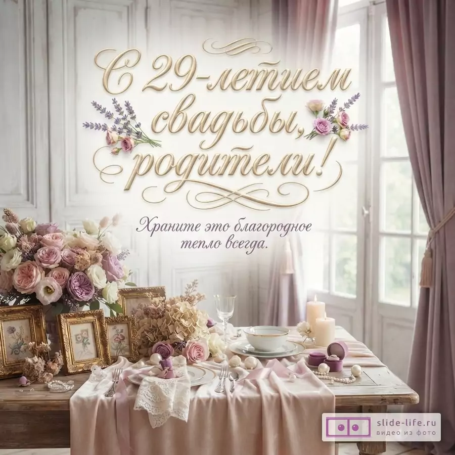 Белый фон с деревянными панелями, на переднем плане деревянный стол, накрытый розовой скатертью. На столе цветы, посуда, свечи. Текст «С 29-летием свадьбы, родители! Храните это благородное тепло всегда.»