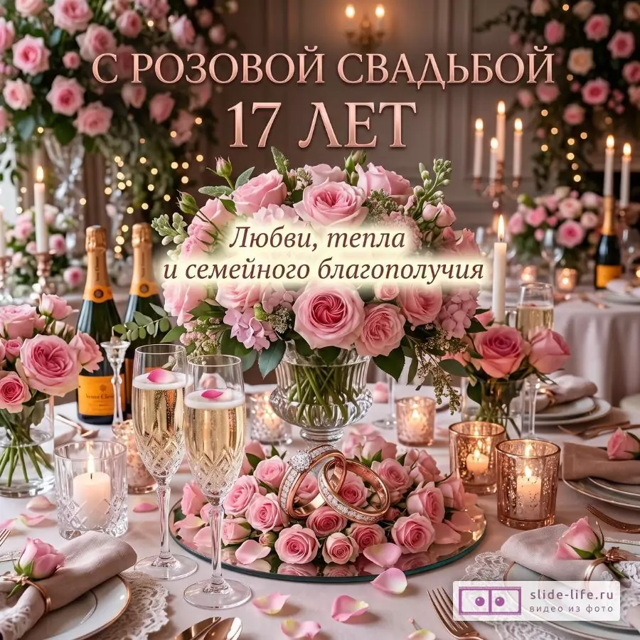 Розово-бежевый фон, праздничный стол с букетами роз, свечами, бокалами шампанского и обручальными кольцами. Текст: «С РОЗОВОЙ СВАДЬБОЙ 17 ЛЕТ Любви, тепла и семейного благополучия»