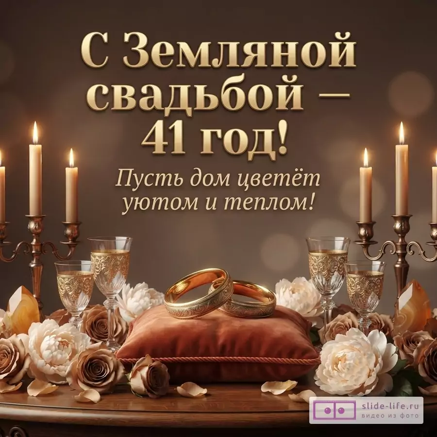 Коричневый фон, золотые буквы. Текст: «С Земляной свадьбой – 41 год! Пусть дом цветёт уютом и теплом!». Свечи, бокалы, обручальные кольца на подушке, розы.