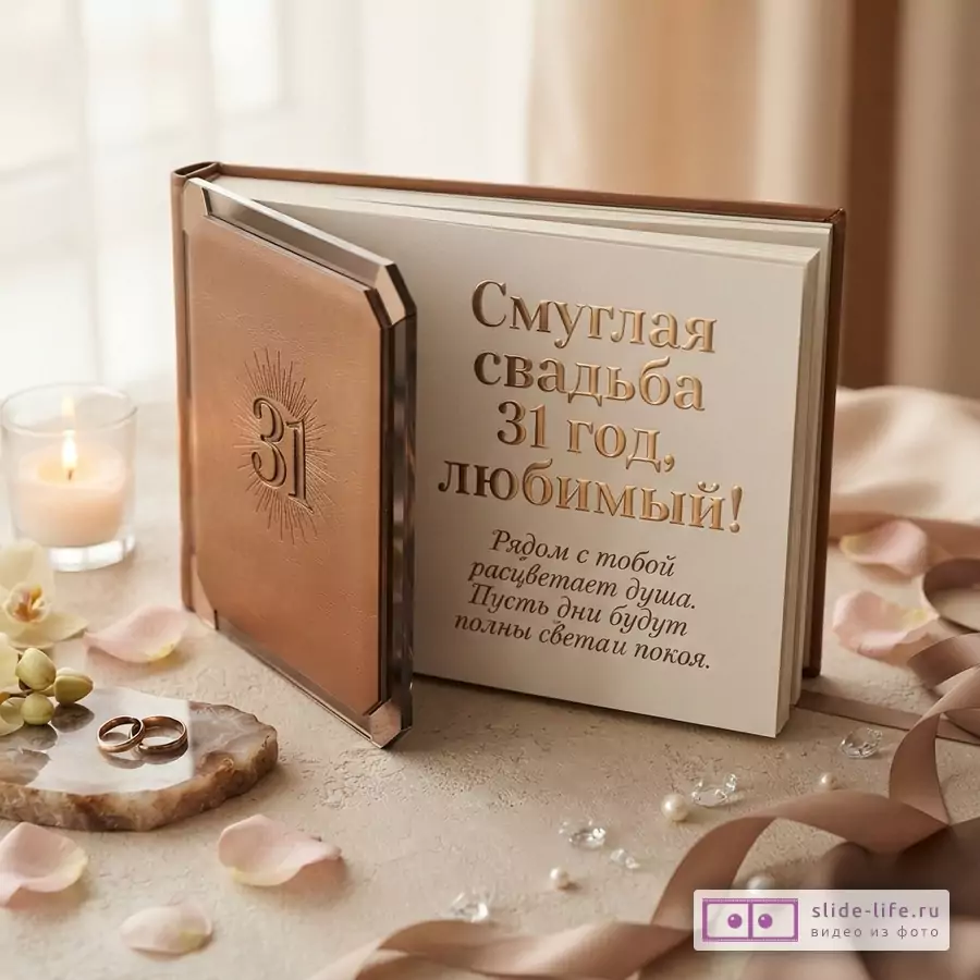 Бежево-коричневая открытка с книгой, цифрой «31», свечами, цветами и текстом «Смуглая свадьба 31 год, любимый! Рядом с тобой расцветает душа. Пусть дни будут полны света и покоя.»