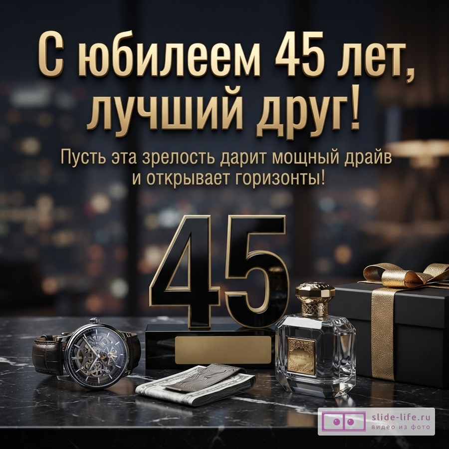 Открытка с юбилеем 45 лет. Фон темный, размытые огни города. Золотые буквы «С юбилеем 45 лет, лучший друг! Пусть эта зрелость дарит мощный драйв и открывает горизонты!». На переднем плане часы, парфюм, пачка денег, подарочная коробка, цифры 45.