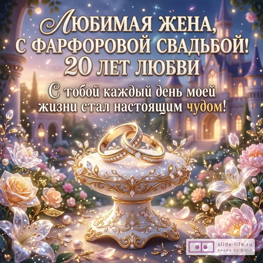 Лилово-золотой фон, замок, цветы, жемчуг, фарфоровая подставка с двумя кольцами. Текст: «Любимая жена, с фарфоровой свадьбой! 20 лет любви. С тобой каждый день моей жизни стал настоящим чудом!»