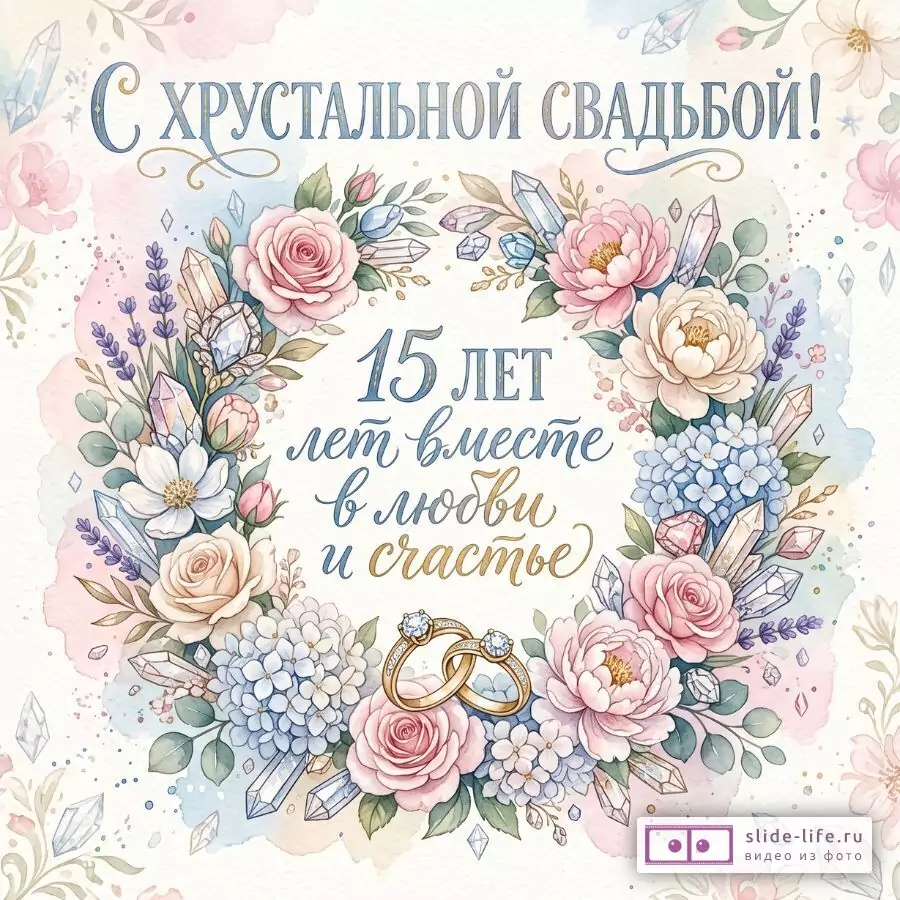С хрустальной свадьбой! Открытка на 15 лет свадьбы с красивыми пожеланиями