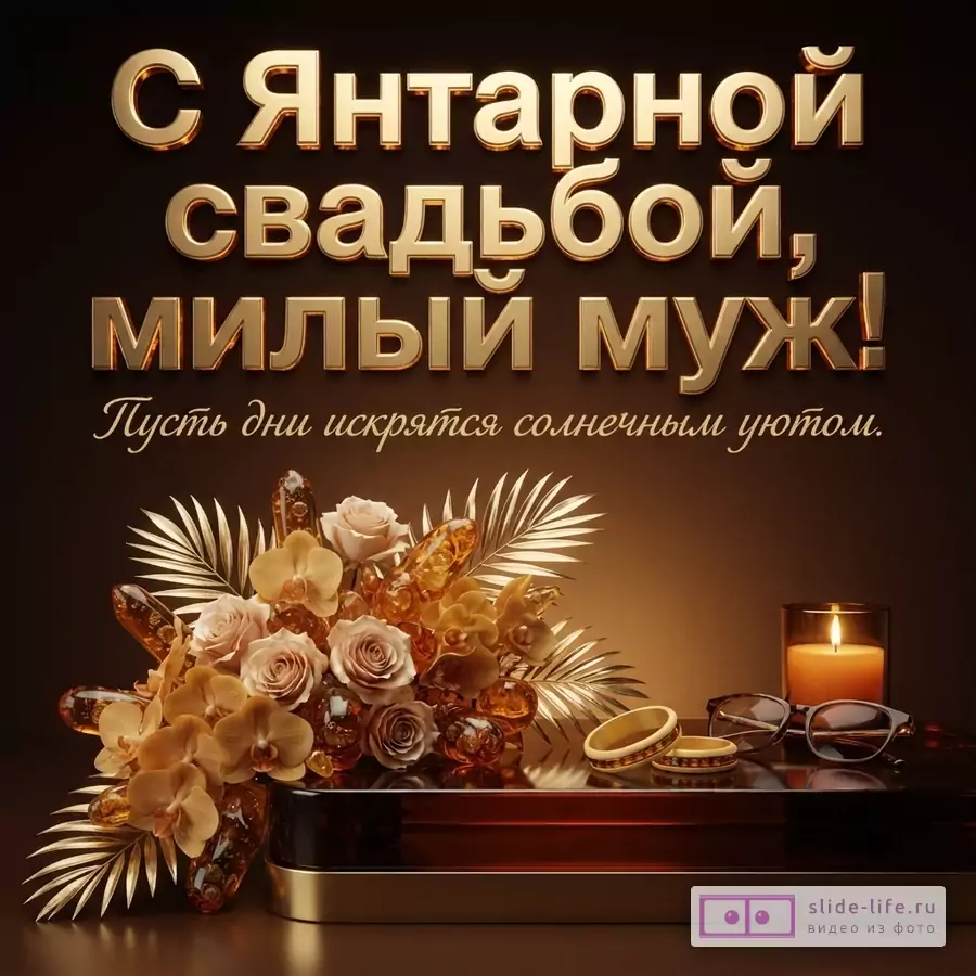 Коричневый фон, золотые буквы, букет из роз, орхидей, янтарных кристаллов и золотых листьев, обручальные кольца, очки, свеча. Текст: «С Янтарной свадьбой, милый муж! Пусть дни искрятся солнечным уютом.»