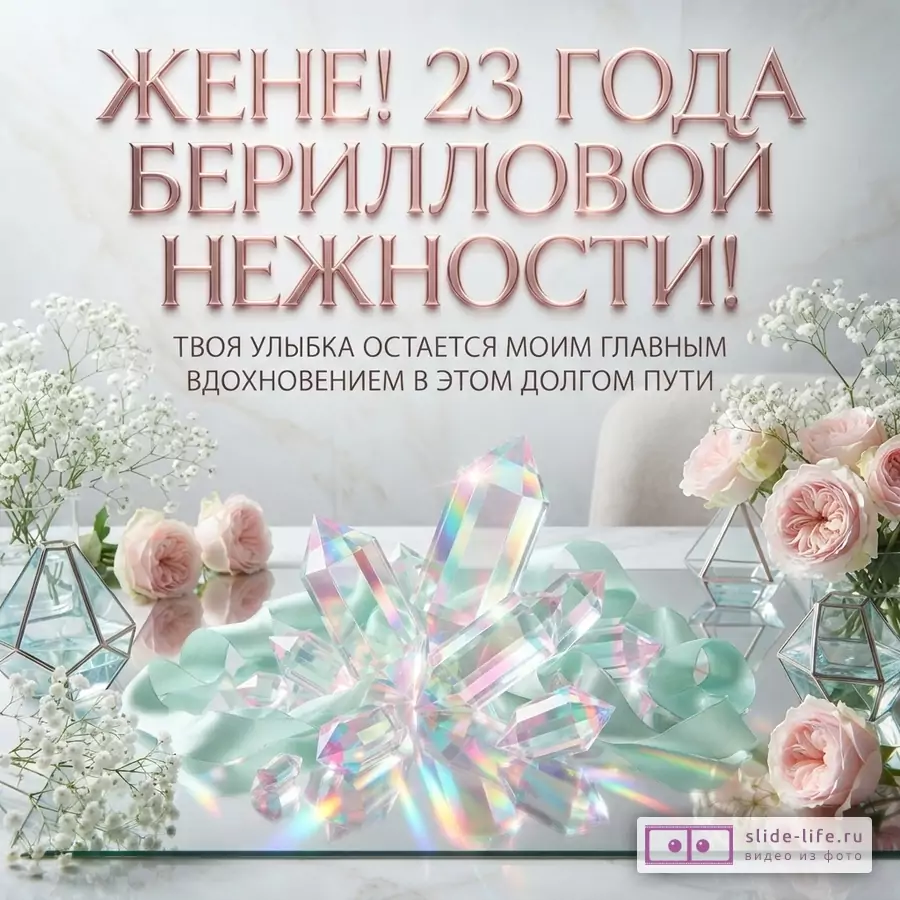 Светлая открытка с цветами, розами, гипсофилой, берилловыми кристаллами и мятными лентами. Текст: «ЖЕНЕ! 23 ГОДА БЕРИЛЛОВОЙ НЕЖНОСТИ! ТВОЯ УЛЫБКА ОСТАЕТСЯ МОИМ ГЛАВНЫМ ВДОХНОВЕНИЕМ В ЭТОМ ДОЛГОМ ПУТИ»