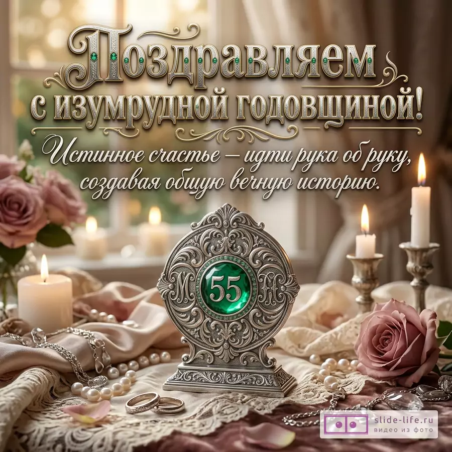 Открытка с текстом «Поздравляем с изумрудной годовщиной! Истинное счастье – идти рука об руку, создавая общую вечную историю.», бежевый фон, свечи, розовые розы, жемчуг, кольца, серебристый медальон с числом «55»