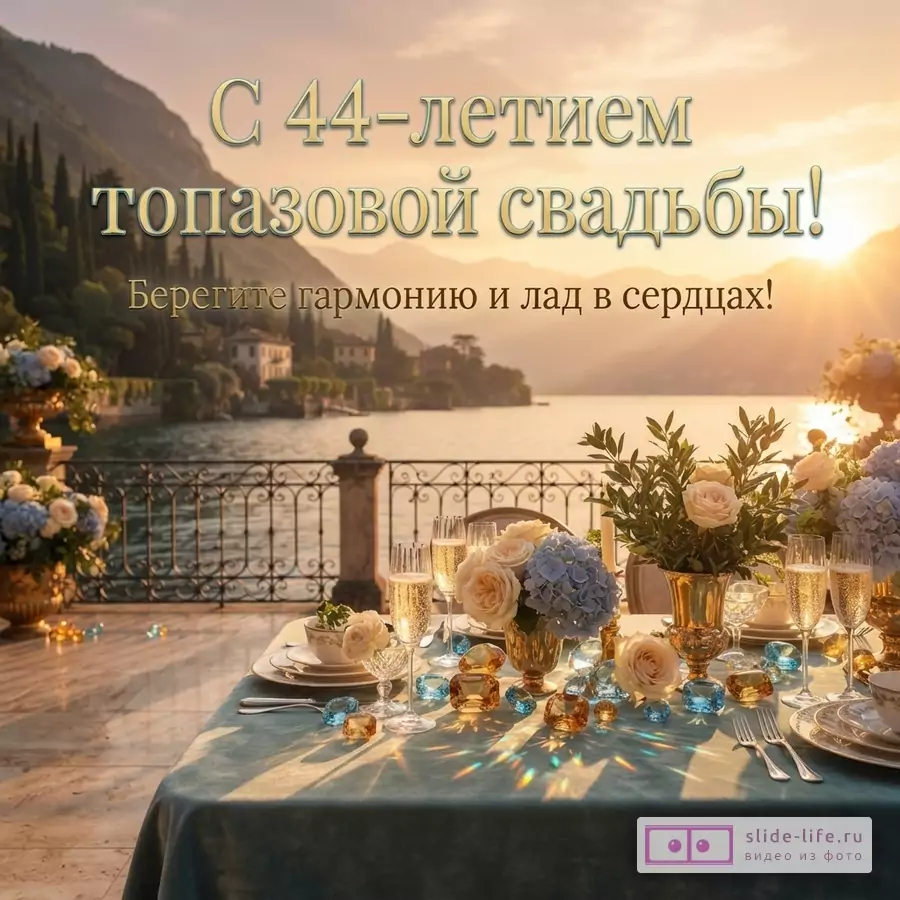 Открытка с видом на озеро и горы на закате, на переднем плане стол с сервировкой, цветами и бокалами. Текст «С 44-летием топазовой свадьбы! Берегите гармонию и лад в сердцах!»