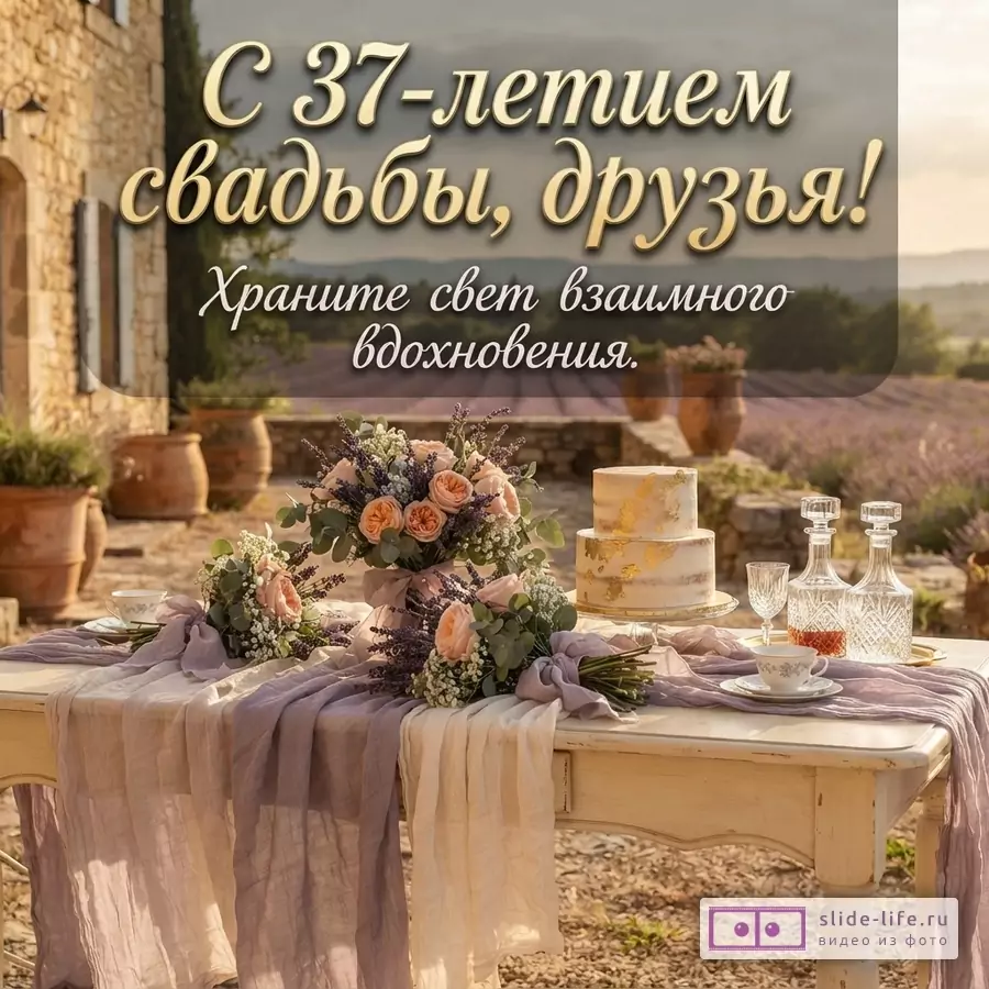 Праздничный стол на фоне лавандового поля, каменного дома. На столе букеты цветов, торт, графины. Текст: «С 37-летием свадьбы, друзья! Храните свет взаимного вдохновения.»