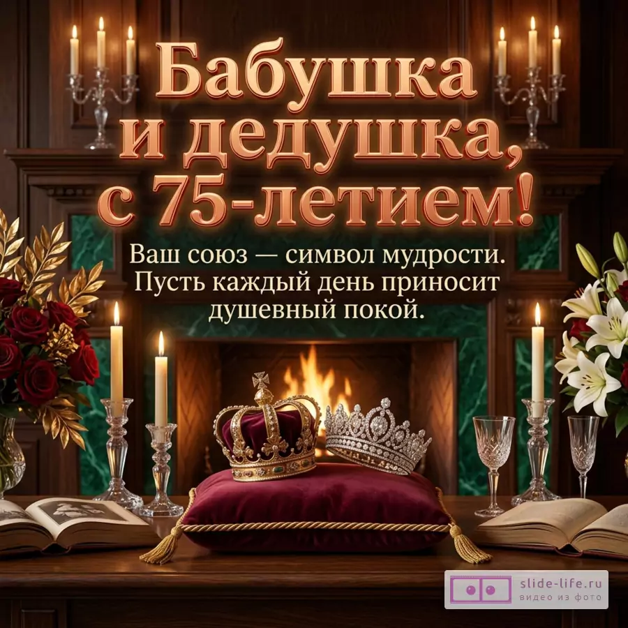 Корона и тиара на бархатной подушке у камина со свечами и цветами, текст «Бабушка и дедушка, с 75-летием! Ваш союз — символ мудрости. Пусть каждый день приносит душевный покой.»
