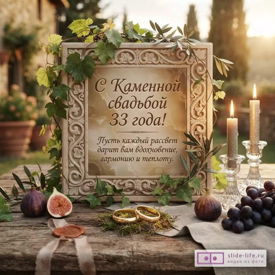 Рамка с узорами, увитая плющом, на деревянном столе. На столе инжир, виноград, обручальные кольца на мху, две горящие свечи. Текст: «С Каменной свадьбой 33 года! Пусть каждый рассвет дарит вам вдохновение, гармонию и теплоту.»