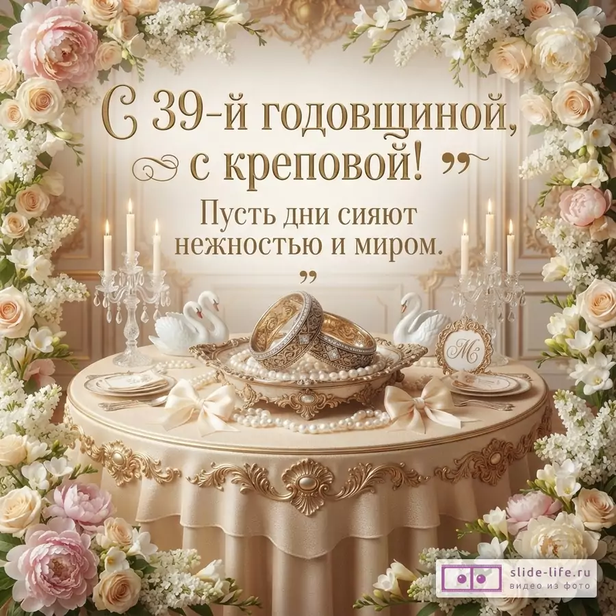 Праздничный стол с обручальными кольцами, свечами и цветами. Фон бежевый. Текст: «С 39-й годовщиной, с креповой! Пусть дни сияют нежностью и миром.»
