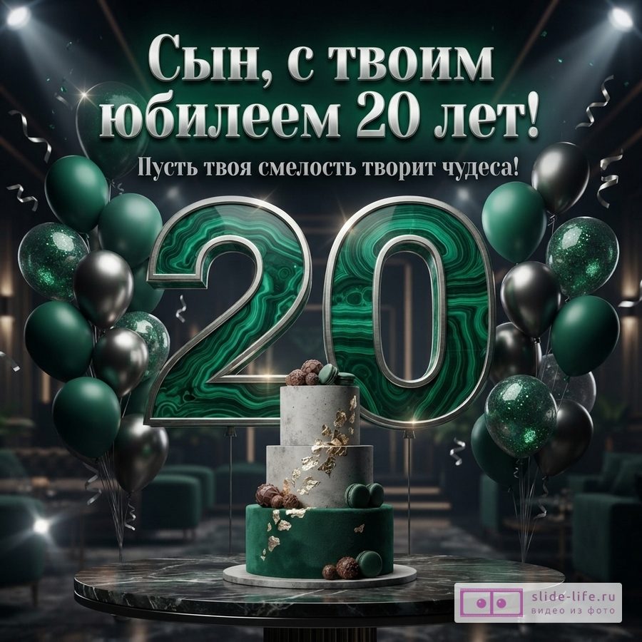 Изумрудные и серебряные шары, торт и объемная цифра 20 с малахитовым узором. Текст: «Сын, с твоим юбилеем 20 лет! Пусть твоя смелость творит чудеса!»